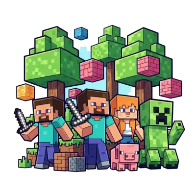 A vibrant and playful scene featuring popular Minecraft characters like Steve, Alex, a Creeper, and a Pig, all in a cute, slightly cartoonish style, surrounded by colorful blocks and pixelated trees, in a bright, cheerful setting.