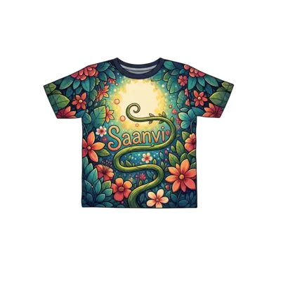 A vibrant and detailed illustration of a magical garden bursting with colorful, exotic flowers and lush foliage, with 'Saanvi' subtly integrated into a winding vine, glowing and cheerful style.