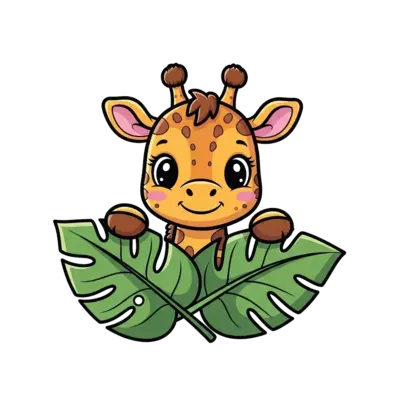 A super cute cartoon baby giraffe with big, friendly eyes and a gentle smile, peeking from behind a giant tropical leaf, vibrant colors, clean lines, playful illustration style.