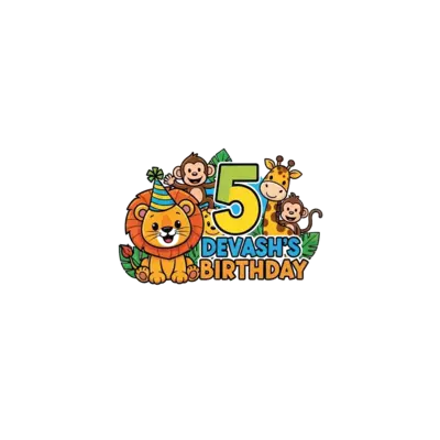 A cute cartoon baby lion wearing a party hat, surrounded by other cheerful jungle animals like a monkey and a giraffe, with a big number '5' and 'Devash's Birthday' in playful font, vibrant colors, vector illustration style