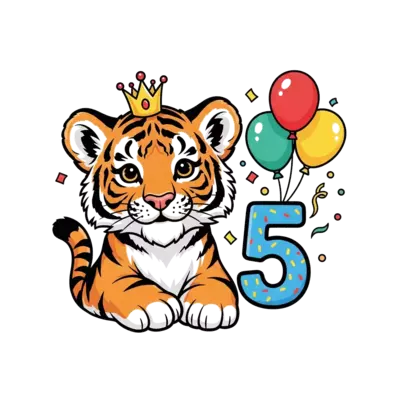 A realistic yet friendly tiger cub with soft fur and a gentle smile, wearing a small birthday crown. The number '5' is playfully placed next to it, surrounded by a few colorful balloons and confetti, in a vibrant and inviting illustration style.