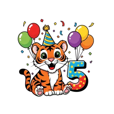 A whimsical, playful cartoon tiger cub wearing a party hat, surrounded by colorful balloons and confetti, with the number '5' prominently displayed, in a vibrant and cheerful illustration style.