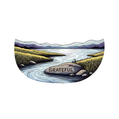 A serene, artistic and minimal illustration of a calm river flowing into a tranquil lake, with soft lines and a limited color palette, incorporating the word 'grateful' subtly within the landscape, perhaps as if carved into a stone.