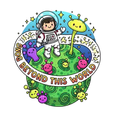A whimsical cartoon astronaut exploring a lush green alien planet with blue skies, surrounded by friendly, glowing alien plants and sparkling stars, with the text 'Going beyond this world' integrated playfully into the scene, vibrant and imaginative art style.