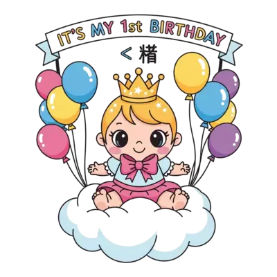 A cute baby princess character with a sparkly crown, sitting on a fluffy cloud, surrounded by floating balloons and a banner saying 'It's my 1st Birthday 🎂 🥳', in a soft, pastel cartoon style.