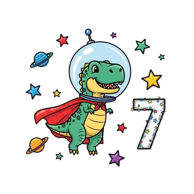 A cute cartoon T-Rex wearing a superhero cape and astronaut helmet, floating happily in space surrounded by stars, planets, and a '7' made of stardust, in a playful and vibrant style.