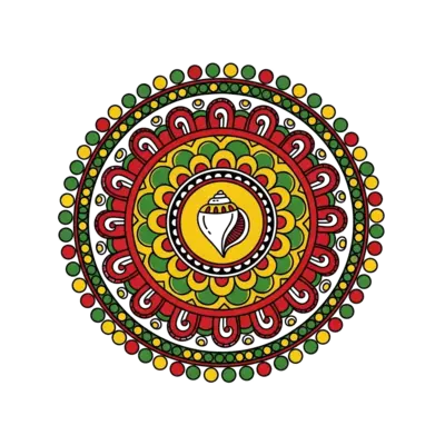 A vibrant, intricate circular Alpana design in traditional Bengali colors (red, white, yellow, green), with a stylized conch shell at its center. Surrounded by small, playful dots and swirls, in a folk art style, perfect for a child.