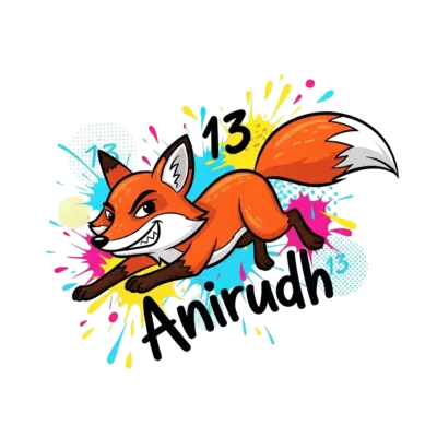 A sleek, intelligent cartoon fox with a mischievous grin, mid-action pounce, surrounded by abstract, spontaneous bursts of bright, energetic colors and subtle geometric patterns. The number '13' is cleverly integrated into the design elements, and 'Anirudh' is written in a modern, dynamic script. Digital illustration, vibrant and engaging.