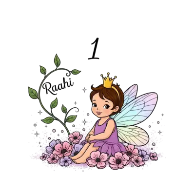 A sweet cartoon baby fairy with delicate wings, wearing a tiny crown, sitting among soft pink and purple blossoms and sparkling dust. The name 'Raahi' is subtly woven into a vine, and a graceful '1' floats nearby. Dreamy, pastel watercolor style.
