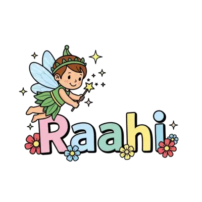 A cute cartoon baby fairy with delicate wings, holding a tiny wand, surrounded by sparkling stars and flowers, with the name 'Raahi' playfully integrated into the design, soft pastel colors, whimsical style.