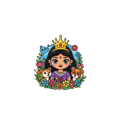 A cute cartoon princess Dinushriya with a sparkling crown, surrounded by friendly forest animals and colorful flowers, whimsical and cheerful style.