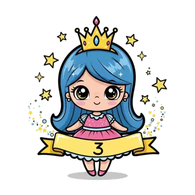 A whimsical illustration of a cute cartoon princess with a sparkling crown, surrounded by glittery stars and magical dust, with the number '3' subtly incorporated into a royal banner, vibrant and child-friendly style.