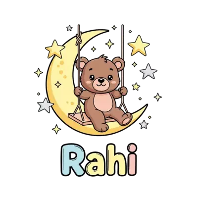 A happy, cartoon-style baby bear cub sitting on a swing made of a crescent moon, surrounded by twinkling stars, with the name 'Rahi' written playfully below, in a soft, dreamy color palette.