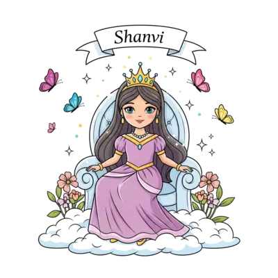 A delightful cartoon illustration of a young princess, with long flowing hair, wearing a shimmering crown and a regal gown, sitting gracefully on a soft cloud throne. Her name "Shanvi" appears subtly on a floating banner above. Surrounded by gentle sparkles, colorful butterflies, and pastel flowers. Whimsical, soft focus, dreamlike style.