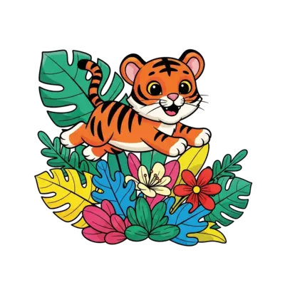 A super cute, playful cartoon tiger cub leaping through a vibrant jungle scene with oversized, colorful leaves and flowers, bright and cheerful illustration style.