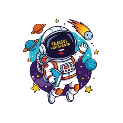A cheerful cartoon astronaut kid, wearing a backpack and holding a book, floating in a vibrant outer space scene. Planets, stars, and a friendly comet surround them. The astronaut's helmet visor subtly reflects 'Tejasvi Vidyaranya' in a fun, child-friendly font. Colorful, whimsical style.