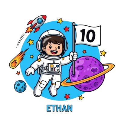 A cheerful cartoon boy astronaut, named 'Ethan', floating in zero gravity next to a vibrant planet, holding a flag that proudly displays the number '10'. Stars, comets, and a small rocket ship are in the background, in a bright, playful, comic book style.