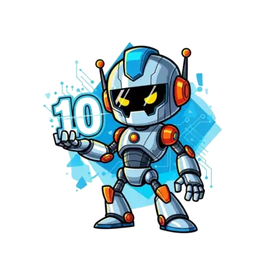 A bold and cool stylized robot character in a dynamic pose, holding a glowing number '10'. The robot features sleek metallic textures, sharp lines, and a vibrant color palette of electric blue, silver, and orange. Abstract geometric shapes and subtle circuit board patterns in the background.