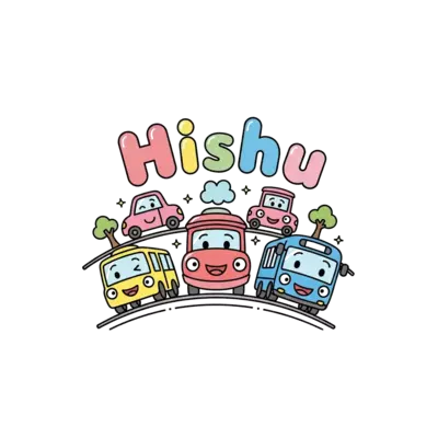 A cute pastel illustration of various friendly cartoon vehicles like a car, train, and bus, all smiling and driving on a gentle road, with 'Hishu' written playfully above, in a soft, dreamy style.