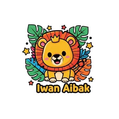 A vibrant cartoon illustration of a happy baby lion cub with a tiny crown, surrounded by bold, colorful jungle leaves and stars, text 'Iwan Aibak' in a playful font, bright and cheerful style.