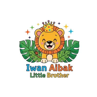 A vibrant cartoon illustration of a happy baby lion cub wearing a tiny birthday crown, surrounded by bold, colorful jungle leaves and stars. The text 'Little Brother' is playfully integrated below the name 'Iwan Aibak' in a cheerful font.