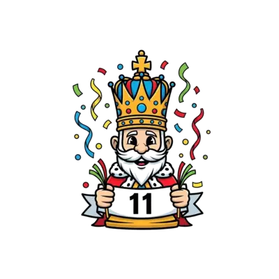 A regal, friendly cartoon chess king wearing a festive birthday crown, holding a banner with the number '11', surrounded by confetti and colorful streamers, vibrant and playful style