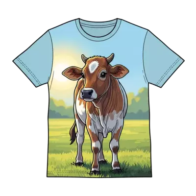 A beautiful, realistic illustration of a gentle Indian cow calf with big, kind eyes, standing in a sun-drenched green pasture, with soft focus on the background.