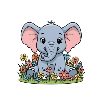A super cute, playful cartoon baby elephant with big ears and cheerful eyes, sitting in a field of colorful flowers, bright and whimsical style, no background.