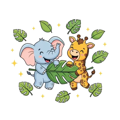 A joyful cartoon baby elephant and a cute baby giraffe playing together, perhaps sharing a leaf or giggling, surrounded by cheerful jungle leaves and tiny stars, in a soft, bright, and adorable style.