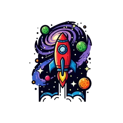 A bold, dynamic illustration of a rocket launching into a starry galaxy, with swirling nebulae and distant planets, in a cool, modern graphic style.