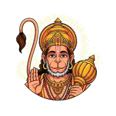 A majestic and serene illustration of Lord Hanuman, rendered in a traditional Indian spiritual art style, with a dominant saffron and orange color palette. He is depicted with a gentle, wise expression, surrounded by subtle golden light and traditional intricate patterns.