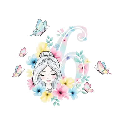 A whimsical watercolor illustration of a graceful princess with a delicate crown, surrounded by shimmering pastel butterflies and soft, ethereal flowers. The number '6' is subtly integrated into the design with a whimsical, dreamy script.
