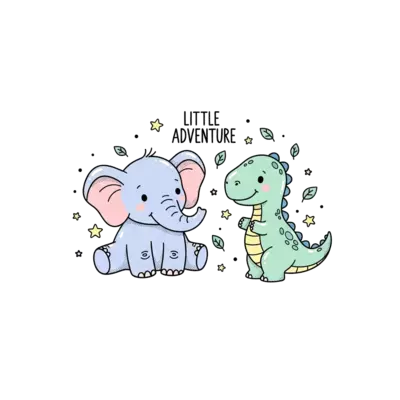 A soft pastel illustration of a baby elephant and a friendly baby dinosaur, both in a delicate hand-drawn doodle style, surrounded by tiny stars and leaves. The phrase 'Little Adventure' is subtly integrated into the design, all in a gender-neutral color palette.