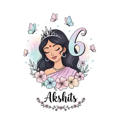 A whimsical watercolor illustration of a graceful Indian princess with a delicate crown, surrounded by shimmering pastel butterflies and soft, ethereal flowers. The number '6' is subtly integrated into the design with a whimsical, dreamy script, and the name 'Akshits' is elegantly written below the princess in a matching whimsical, dreamy script, framed by tiny flowers.