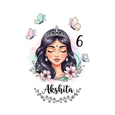 A whimsical watercolor illustration featuring a graceful Indian princess with a delicate crown, her gaze serene. Shimmering pastel butterflies flutter around her, and soft, ethereal flowers bloom. The number '6' is subtly integrated into a dreamy script near her, and the name 'Akshita' is elegantly written below the princess in a matching whimsical, dreamy script, framed by tiny blossoms.