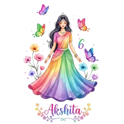 A whimsical watercolor illustration featuring a graceful Indian princess with a delicate crown, her flowing attire shimmering with all the colors of a vibrant rainbow. Serene gaze. Shimmering butterflies with iridescent rainbow wings flutter around her, and soft, ethereal flowers bloom in various rainbow hues. The number '6' is subtly integrated into a dreamy script near her, and the name 'Akshita' is elegantly written below the princess in a matching whimsical, dreamy script, framed by tiny blossoms, all with a subtle rainbow gradient.