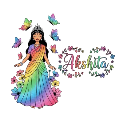 A whimsical watercolor illustration of a graceful Indian princess with a delicate crown, her flowing attire shimmering with all the colors of a vibrant rainbow. She has a serene gaze, and shimmering butterflies with iridescent rainbow wings flutter around her. Soft, ethereal flowers bloom in various rainbow hues, and the name 'Akshita' is elegantly written in a whimsical, dreamy script, framed by tiny blossoms, all with a subtle rainbow gradient.