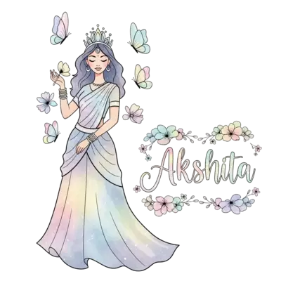 A whimsical watercolor illustration of a graceful Indian princess with a delicate pastel crown, her flowing attire shimmering with soft, muted rainbow colors. She has a serene gaze, and shimmering butterflies with iridescent pastel wings flutter around her. Soft, ethereal flowers bloom in various gentle rainbow hues, and the name 'Akshita' is elegantly written in a whimsical, dreamy script, framed by tiny blossoms, all with a subtle, light pastel rainbow gradient.