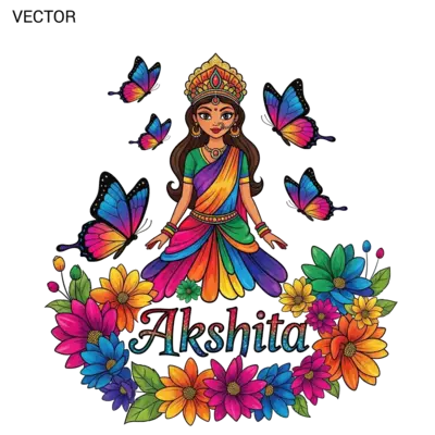 A whimsical watercolor illustration of a graceful Indian princess with a shimmering, jewel-toned crown. Her flowing attire bursts with vibrant, rich rainbow colors like fuchsia, sapphire, and emerald. Dazzling butterflies with intensely iridescent wings flutter around her, and lush, blooming flowers in deep rainbow hues frame the scene. The name 'Akshita' is elegantly written in a whimsical, enchanting script, surrounded by radiant blossoms.