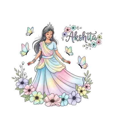A whimsical watercolor illustration of a graceful Indian princess with a softly shimmering, pastel-toned crown. Her flowing attire bursts with gentle, light rainbow colors like blush pink, sky blue, and lavender. Dazzling butterflies with softly iridescent wings flutter around her, and lush, blooming flowers in gentle, light rainbow hues frame the scene. The name 'Akshita' is elegantly written in a whimsical, enchanting script, surrounded by radiant blossoms.
