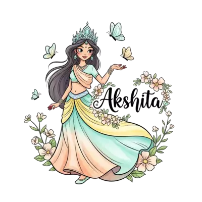 A bright and airy whimsical watercolor illustration of a graceful Indian princess with a sparkling, light jewel-toned crown. Her flowing attire features a harmonious blend of light, airy shades such as peach, soft yellow, and aquamarine. Playful butterflies with subtly iridescent wings dance around her, and cheerful, blooming flowers in delicate, light hues frame the scene. The name 'Akshita' is elegantly written in a whimsical, enchanting script, surrounded by radiant blossoms.