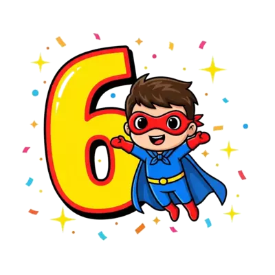 A cute, chibi-style superhero character, possibly a little boy or girl, wearing a colorful cape and mask, flying with a big '6' in the background, surrounded by sparkling stars and confetti, in a vibrant cartoon illustration style.
