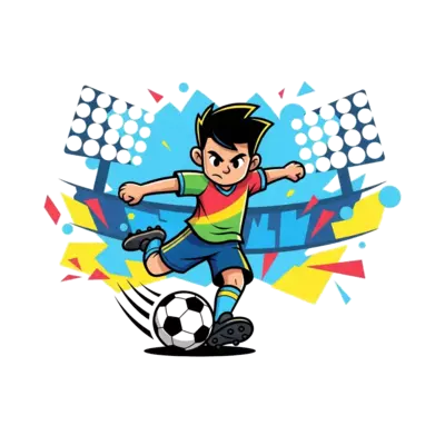 A dynamic illustration of a young, determined cartoon footballer kicking a soccer ball, with motion lines and a cool, slightly abstract background of stadium lights, vibrant and energetic style, for a 6-year-old.