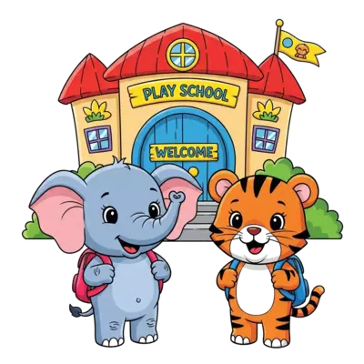 A super cute cartoon baby elephant and a friendly baby tiger, both smiling and holding a tiny, colorful backpack, standing in front of a whimsical, brightly colored play school entrance with a 'Welcome' sign. The style is cheerful and inviting.