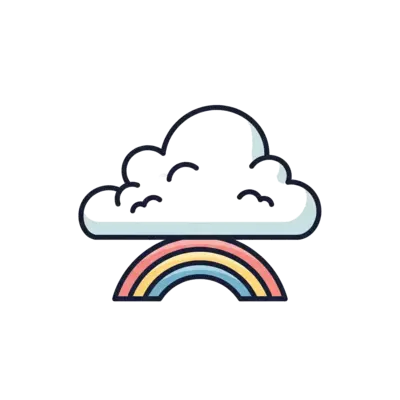A minimalist illustration of a soft, fluffy cloud with a gentle, curved rainbow arc beneath it, in muted pastel colors, clean lines, serene and modern style.