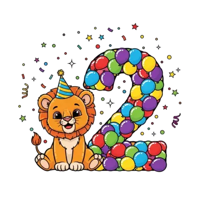A cute cartoon baby lion cub wearing a tiny party hat, sitting next to a big number '2' made of colorful balloons, surrounded by confetti and stars, vibrant and playful style, white background