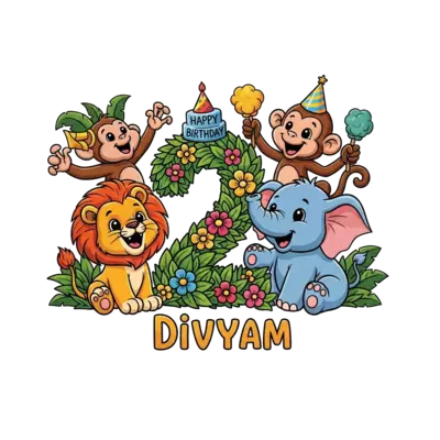 A vibrant cartoon illustration of a happy baby lion, a playful monkey, and a cheerful baby elephant celebrating a birthday in a lush jungle. They are gathered around a giant '2' made of leaves and flowers, with 'Divyam' written playfully below it. Cute and cartoony style, bright colors, festive atmosphere.