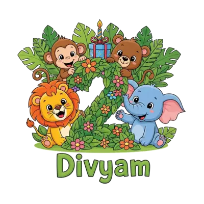 A vibrant cartoon illustration of a happy baby lion, a playful monkey, a cheerful baby elephant, and a cute baby bear all celebrating a birthday in a lush jungle. They are gathered around a giant '2' made of leaves and flowers, with 'Divyam' written playfully below it. The baby bear is playfully peeking from behind the '2', with bright colors and a festive atmosphere.