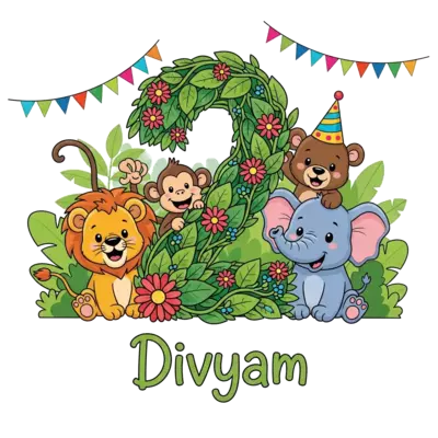 A clean and vibrant cartoon illustration featuring a happy baby lion, a playful monkey, a cheerful baby elephant, and a cute baby bear celebrating a birthday. They are gathered around a prominent number '2' crafted from stylized leaves and bright flowers, with the name 'Divyam' clearly and playfully written below it. The baby bear is peeking with curiosity from behind the '2', all set against a simplified, lush jungle backdrop with bright, festive colors.