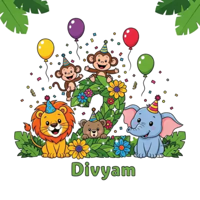 A vibrant cartoon illustration of a grand birthday celebration in a lush jungle. A happy baby lion, a playful monkey, a cheerful baby elephant, and a cute baby bear are all wearing tiny party hats. They are surrounded by a flurry of colorful confetti and floating balloons. At the center is a prominent number '2' crafted from stylized leaves and bright flowers with sparkling accents, and the name 'Divyam' playfully written below it. The baby bear peeks out with curiosity from behind the '2', all set against a simplified, joyful jungle backdrop.